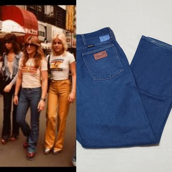Vintage 1970s Wrangler Unisex Extra High Rise Boot Cut Dark Wash Jeans 945DEN - Picture 1 of 11